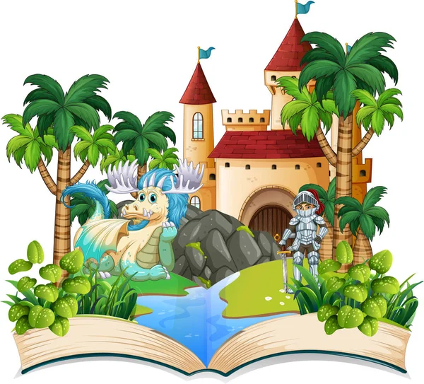 Livre Avec Chevalier Dragon Par Illustration Château — Image vectorielle