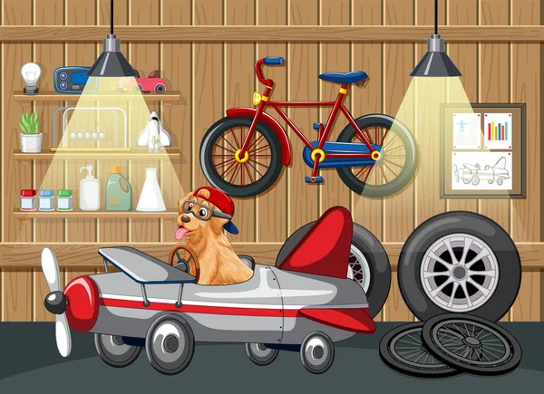 Anjing Mengemudi Mobil Garasi Ilustrasi - Stok Vektor
