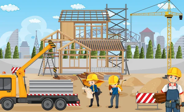 Construcción Obra Ilustración Los Trabajadores — Vector de stock