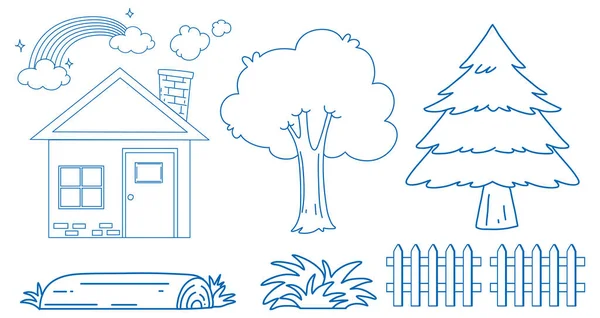 Skizzenset Mit Haus Und Bäumen Illustration — Stockvektor