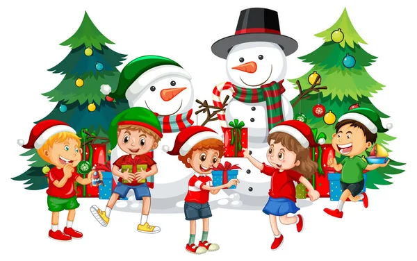 Kinderen Vieren Kerstmis Met Sneeuwpop Kerstboom Illustratie — Stockvector