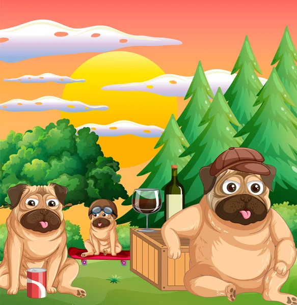 Outdoor Scene Met Cartoon Pug Honden Illustratie — Stockvector