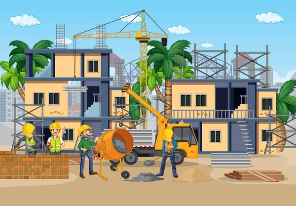 Construção Canteiro Obras Com Trabalhadores Ilustração — Vetor de Stock