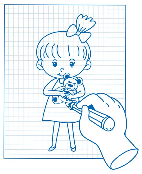 Sketching Little Girl Grid Paper Illustration — Stock Vector