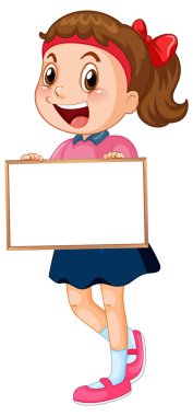 Beyaz tahta resimlerini tutan mutlu kız.