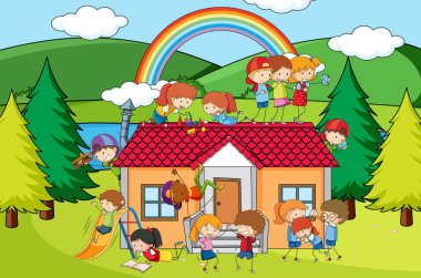 Ev illüstrasyonunda oynayan çocukların olduğu sahne