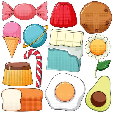 Beyaz arkaplan illüstrasyonunda klasik tarz çizgi film seti