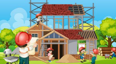 İnşaat şantiyesi ve işçi illüstrasyonu