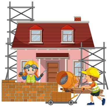 İşçi illüstrasyonuyla izole edilmiş inşaat alanı