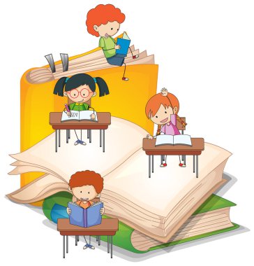 Bir çocuk bir yığın kitap illüstrasyonunda kitap okuyor.
