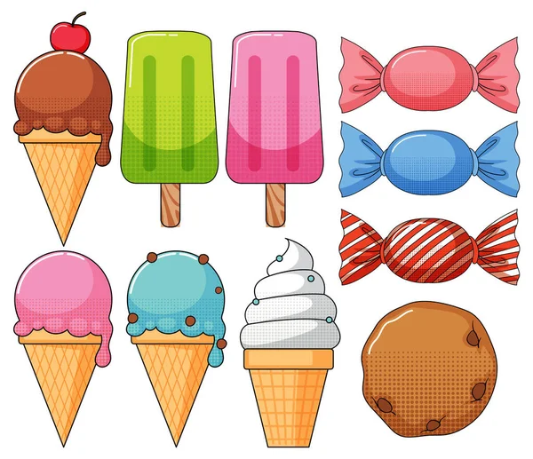キャンディーとアイスクリームのイラストのセット — ストックベクタ