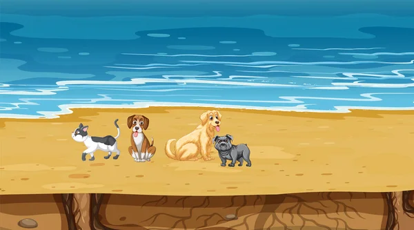 Soubor Různých Domácích Zvířat Pláži Scéna Ilustrace — Stockový vektor