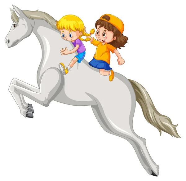 白い背景のイラストで馬に乗っている女の子と友人のシーン — ストックベクタ
