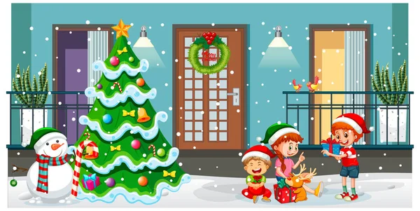 Çocukların Noel Illüstrasyonunu Kutladığı Açık Hava Sahnesi — Stok Vektör