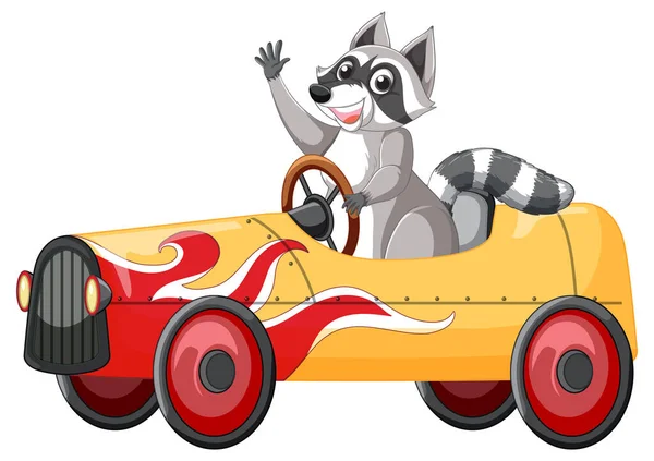 Raccoon Driving Car Cartoon Character Illustration — Stock Vector