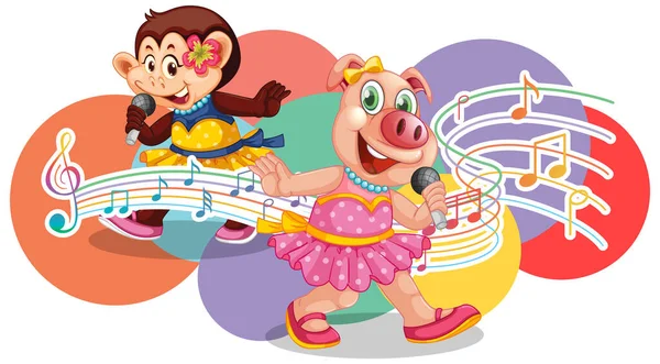 Singer Piggy Monkey Cartoon Music Melody Symbols Illustration — Stock Vector