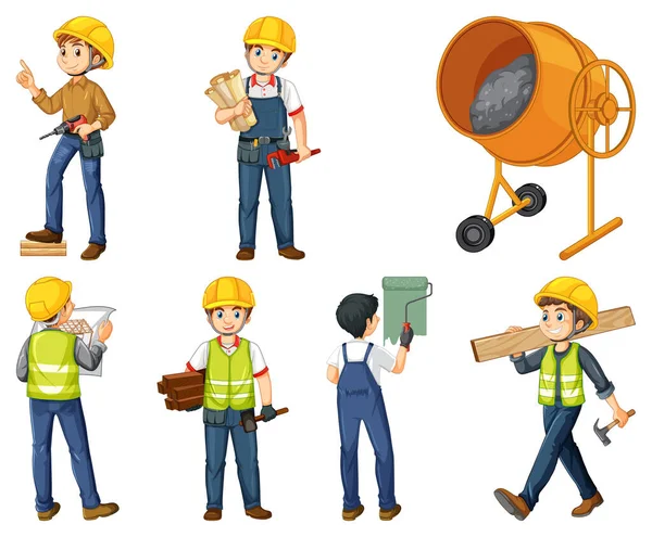 Set Construction Site Objects Workers Illustration — Stock Vector