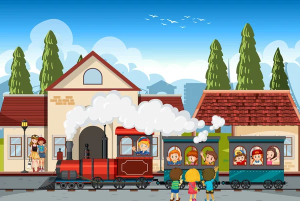 Escena Con Niños Caballo Tren Ciudad Ilustración — Vector de stock