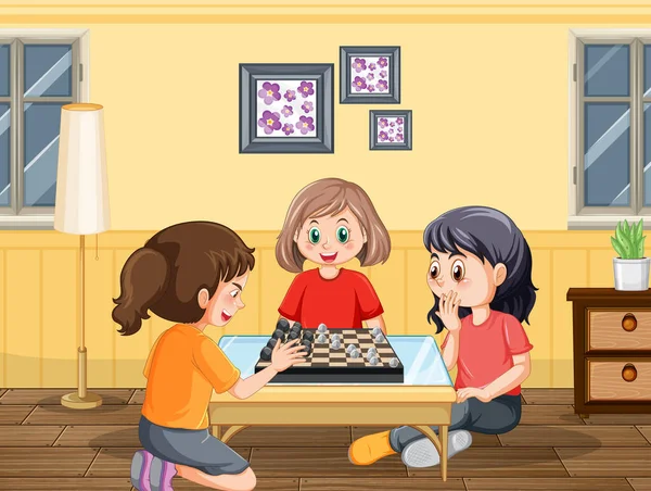 Barn Som Spelar Schack Hemma Illustration — Stock vektor