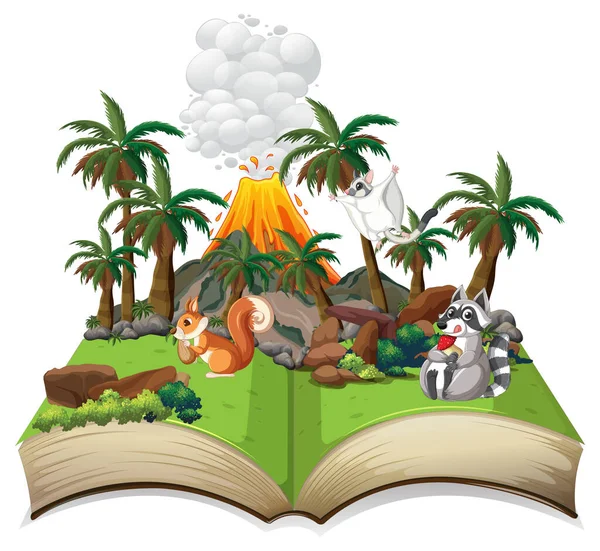 Opened Fantasy Book Cute Animals Illustration — Stock Vector