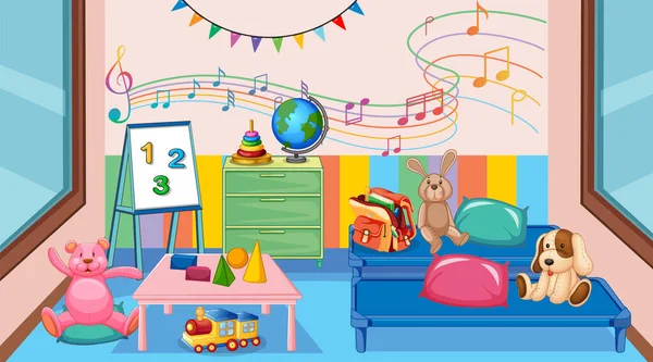 Leerer Kindergarten Klassenraum Mit Vielen Kinderspielzeugen — Stockvektor