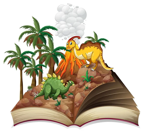 Libro Abierto Con Varios Dinosaurios Ilustración Dibujos Animados — Vector de stock