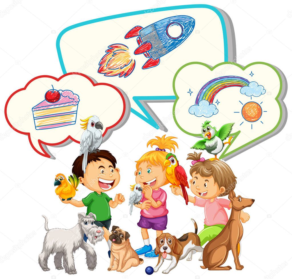 Speech bubbles with kids and pets illustration