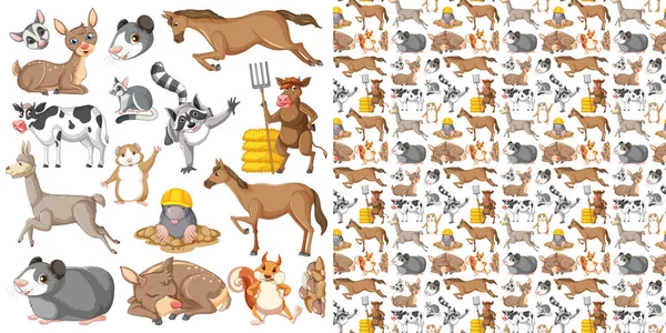 Bezešvé Vzor Kreslenými Divokými Zvířaty Ilustrace — Stockový vektor