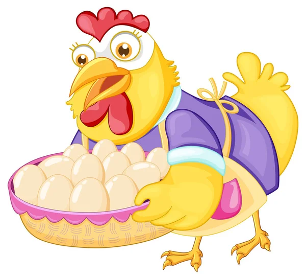 Cute Chicken Cartoon Character Holding Basket Egg Illustration — ストックベクタ
