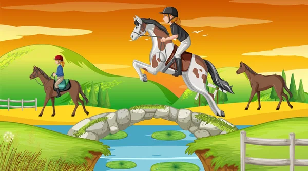 Cena Equitação Com Jockey Ilustração Cavalo —  Vetores de Stock
