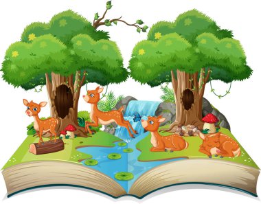 Orman illüstrasyonunda geyikli masal kitabı