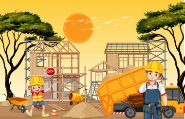 İnşaat alanı ve işçilerin çizimleri