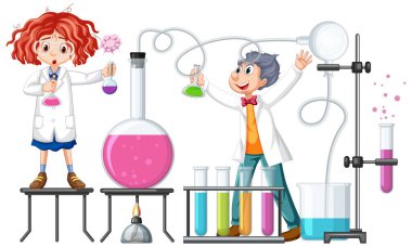 Laboratuvar çiziminde bilim deneyi yapan bir bilim adamı.