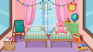 Anaokulu içi boş, içi çocuk oyuncakları resimleriyle dolu.