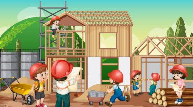 İnşaat şantiyesi ve işçi illüstrasyonu