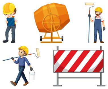 İnsan ve araçlarla çizilmiş inşaat işçisi