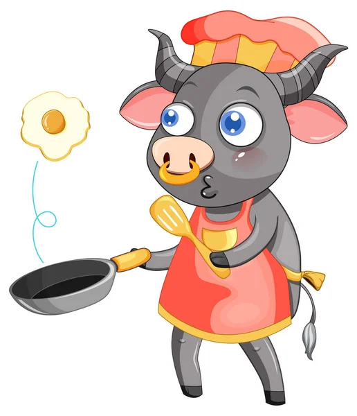Buffalo Cartoon Figur Kochen Frühstück Illustration — Stockvektor