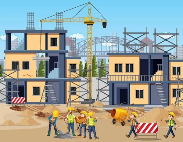 Construcción Obra Con Ilustración Los Trabajadores — Archivo Imágenes Vectoriales