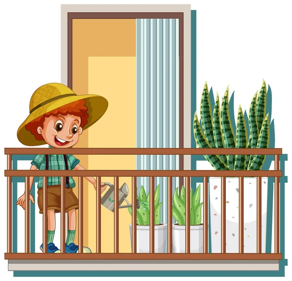 Een Jongen Besproeien Planten Staand Het Balkon Illustratie — Stockvector