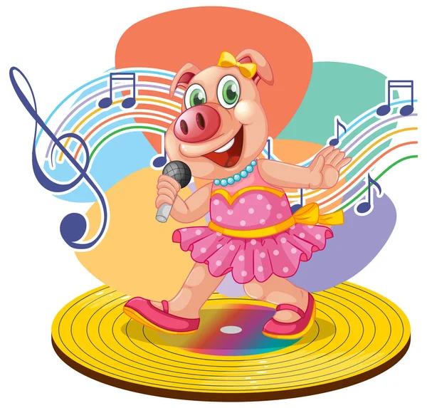 Singer Piggy Cartoon Music Melody Symbols Illustration — ストックベクタ