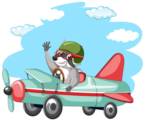 Cute Raccoon Flying Airplane Illustration — Stock Vector