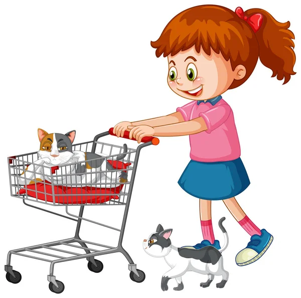 Little Girl Pushing Shopping Cart Cats Illustration — Stock Vector