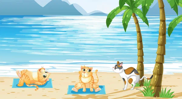 Conjunto Diferentes Animales Domésticos Escena Playa Ilustración — Vector de stock