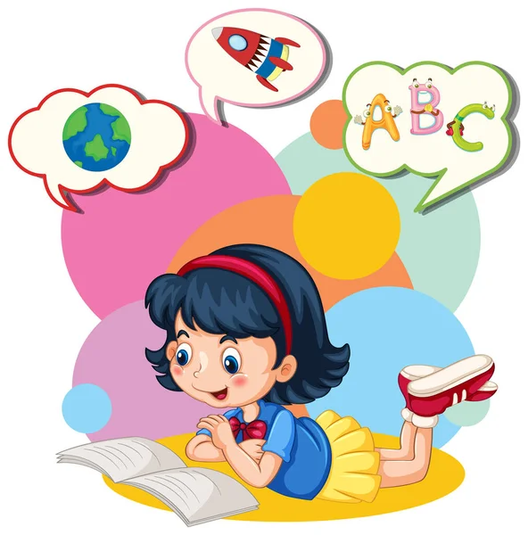 Sprechblase Mit Mädchen Beim Lesen Von Buch Illustrationen — Stockvektor