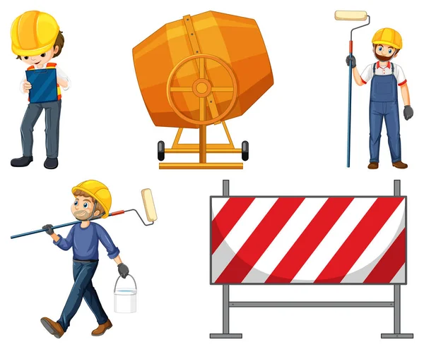 Set Construction Site Objects Workers Illustration — Stock Vector