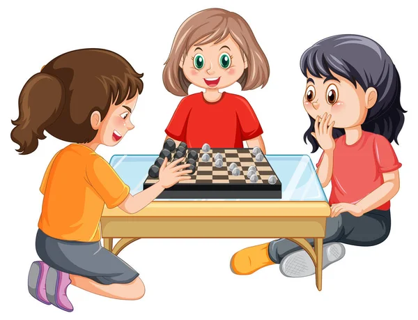 Happy Kids Playing Chess White Background Illustration — Stock Vector