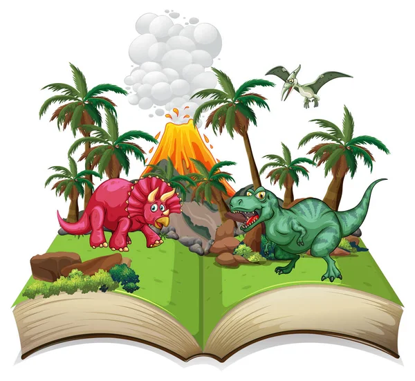 Opened Book Various Dinosaurs Cartoon Illustration — Stock Vector