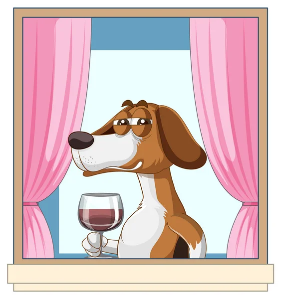Bir Beagle Yudumladı Şarap Çizgi Film Karakteri Çizimi — Stok Vektör