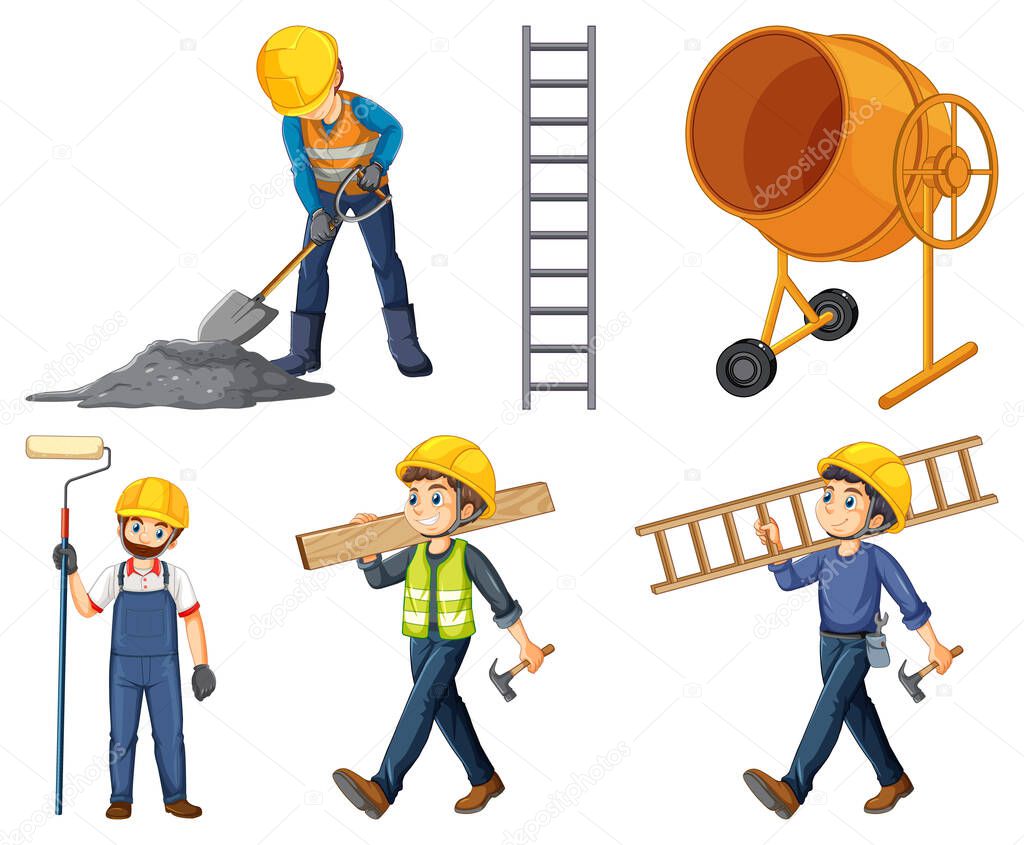 Set of construction site objects and workers illustration