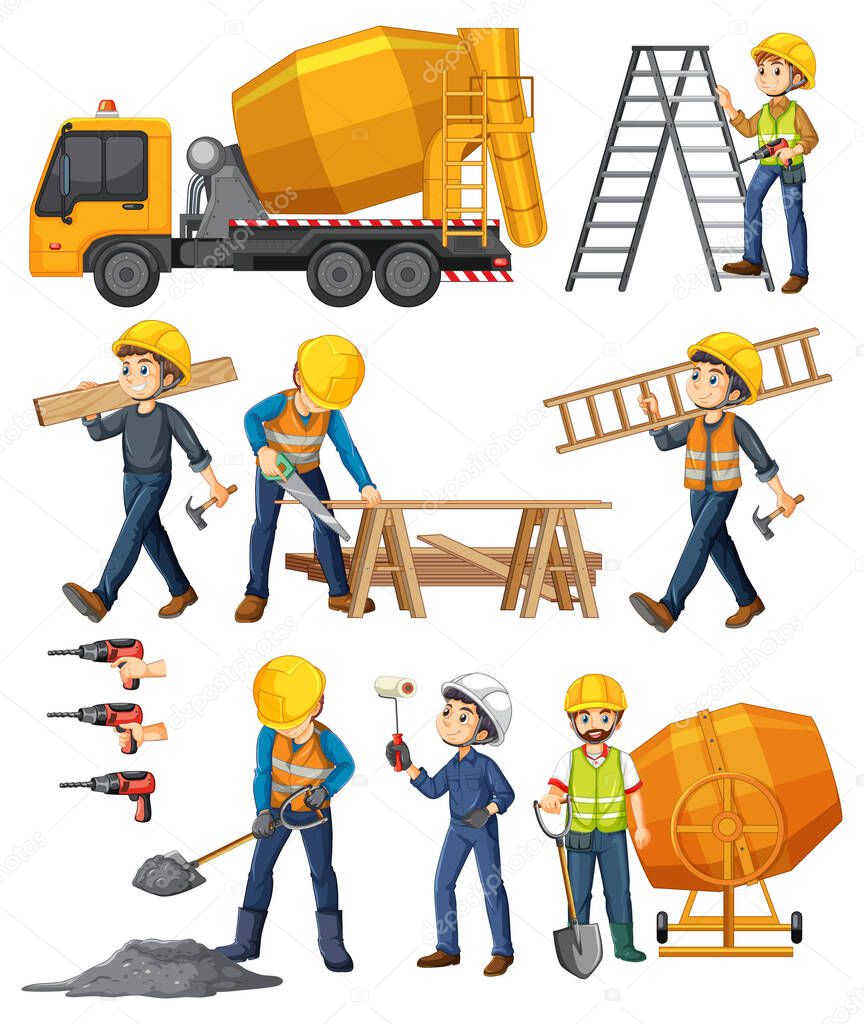 Set of construction site objects and workers illustration